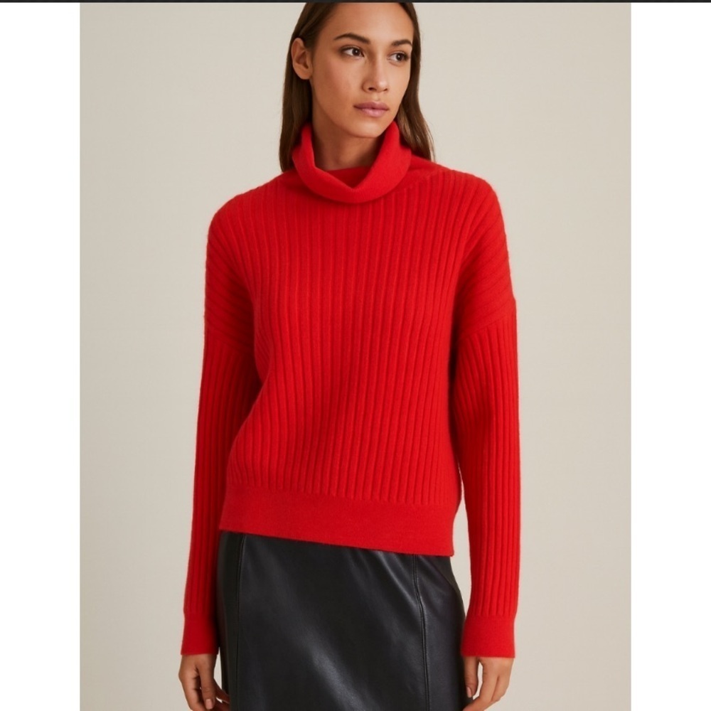 Reiss - Clarisse Red Ribbed Turtleneck Cotton Wool Blend Pullover Sweater